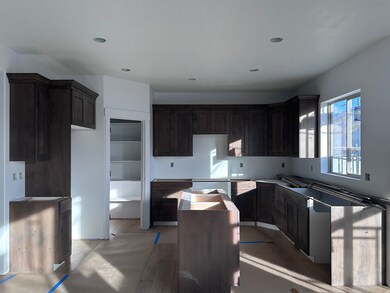 Kitchen with dark brown cabinets, wood finished floors, a center island, and recessed lighting