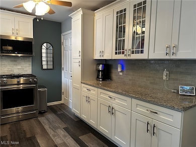 Kitchen featuring dark hardwood / wood-style floors, appliances with stainless steel finishes, decorative backsplash, white cabinetry, and ceiling fan
