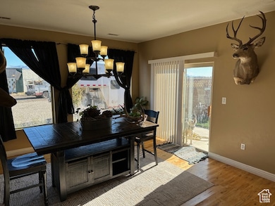 Dining space featuring a chandelier, hardwood / wood-style flooring, and a healthy amount of sunlight