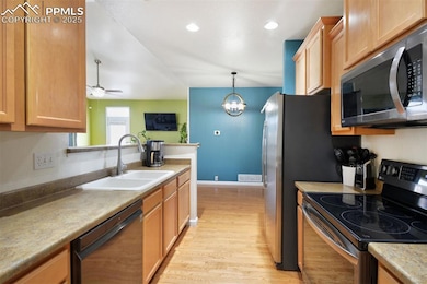 Kitchen with a sink, decorative light fixtures, light wood-type flooring, appliances with stainless steel finishes, and ceiling fan with notable chandelier
