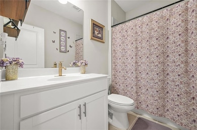 Bathroom with vanity and curtained shower