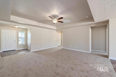 Spare room with a tray ceiling, a textured ceiling, carpet, and ceiling fan