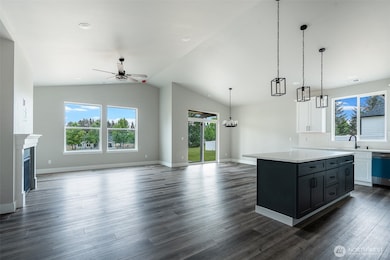 Kitchen open to dining and great room with soaring ceilings