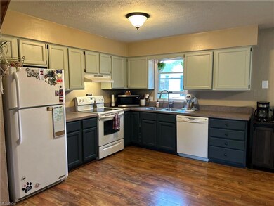 Kitchen with dark hardwood flooring, white applian