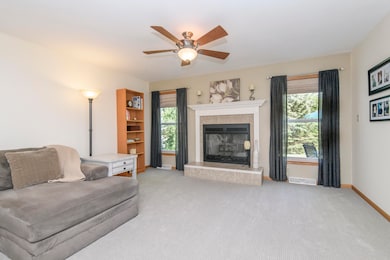 Fireplace flanked by windows