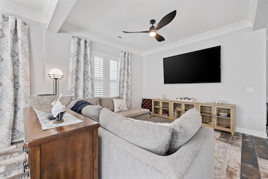 Living area featuring a ceiling fan, wood finished floors, and ornamental molding
