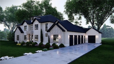 View of front of home featuring a garage, concrete driveway, a front lawn, and stone siding