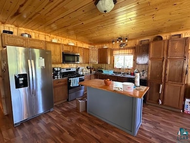 Kitchen featuring appliances with stainless steel finishes, wood counters, wood ceiling, dark wood-style flooring, and a center island