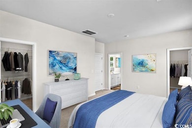 Bedroom with a walk in closet, light colored carpe