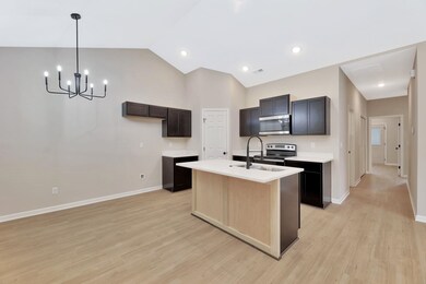 Kitchen featuring stainless steel appliances, hanging light fixtures, light wood finished floors, a chandelier, and vaulted ceiling