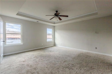 Carpeted spare room with a raised ceiling, a healt