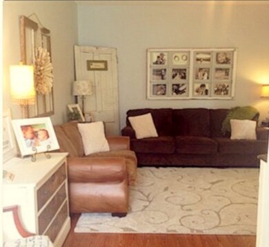 Foyer opens onto living room with laminate wood fl