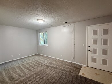 Empty room with a textured ceiling and light colored carpet