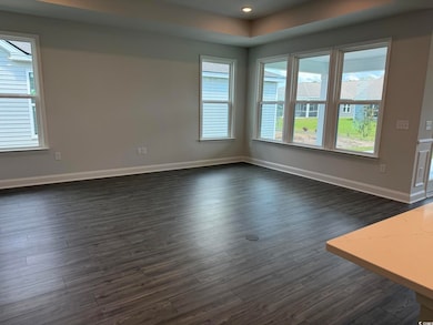 Unfurnished room with dark wood-style floors, baseboards, and a raised ceiling