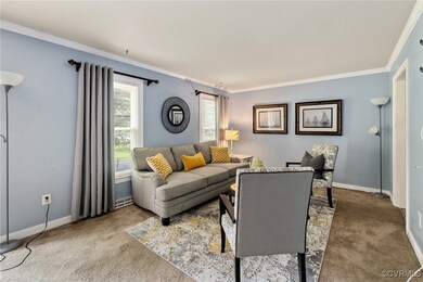 Carpeted living room featuring crown molding