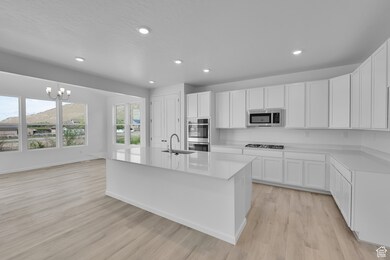 Kitchen with stainless steel appliances, recessed lighting, light wood finished floors, light countertops, and white cabinets