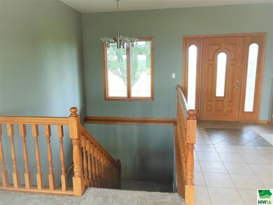 Oak banister compliments stairwell to lower level.