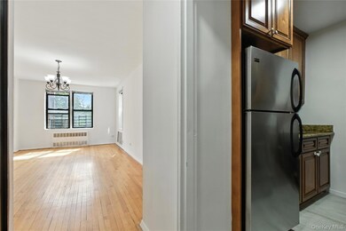Kitchen with freestanding refrigerator, light wood-type flooring, a chandelier, radiator heating unit, and stone counters