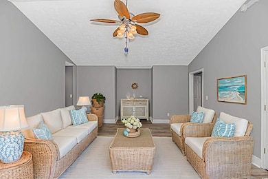 Living room featuring lofted ceiling, ceiling fan, wood finished floors, and a textured ceiling