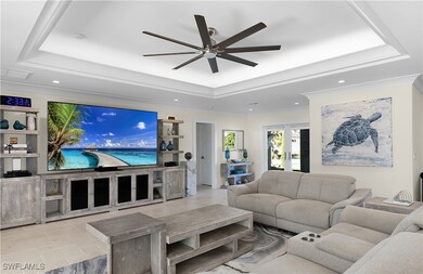 Living room featuring a ceiling fan, a tray ceilin