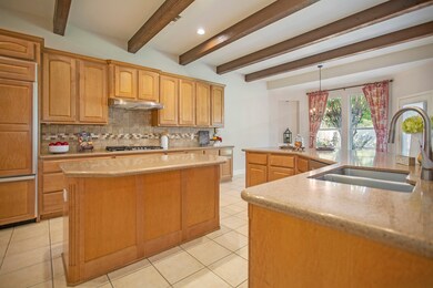 Gourmet kitchen features Avanza countertops, tile backsplash with decorative inlay and a built-in refrigerator.