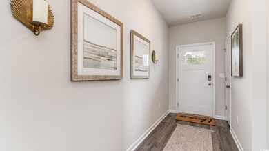 Entryway with dark wood-type flooring and baseboards