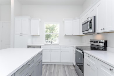 Kitchen featuring white cabinetry, sink, light har