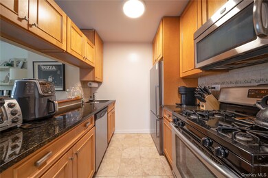 Kitchen with stainless steel appliances, dark stone counters, backsplash, and light tile patterned floors