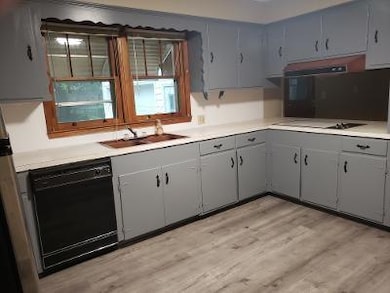 Kitchen with dishwasher, gray cabinetry, a sink, light wood-style flooring, and light countertops