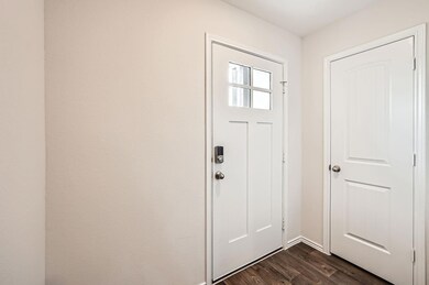 Foyer entrance with dark wood-style floors and ba