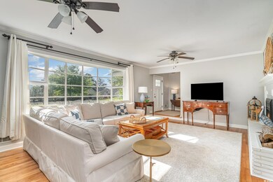 Living room featuring a fireplace, ceiling fan, li