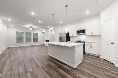 Kitchen with white cabinetry, ceiling fan, stainless steel appliances, dark hardwood / wood-style flooring, and a center island