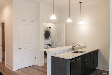 Kitchen with a peninsula, decorative light fixtures, dark wood finished floors, stainless steel dishwasher, and ornamental molding