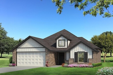 View of front facade featuring brick siding, a garage, board and batten siding, a front lawn, and driveway