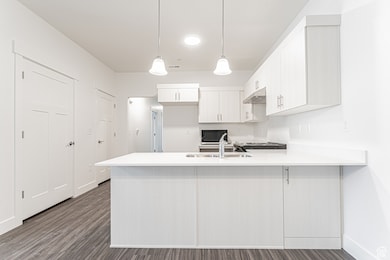 Kitchen with a peninsula, a sink, under cabinet range hood, light countertops, and dark wood-style floors