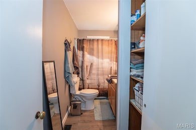 Bathroom featuring light wood finished floors, vanity, and a shower with curtain