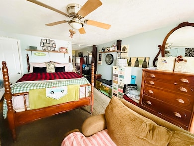 Bedroom with ceiling fan and carpet
