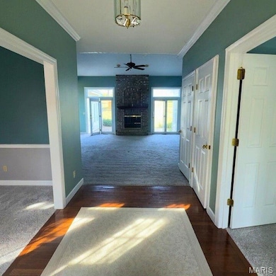 Hallway featuring ornamental molding, dark colored carpet, and dark wood-type flooring