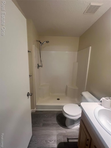 Bathroom featuring a textured ceiling, dark wood-style flooring, a stall shower, and vanity