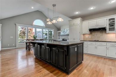 Large island in kitchen opens to dining and living room