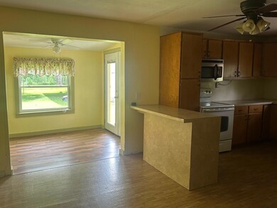 Kitchen with wood finished floors, a ceiling fan, 