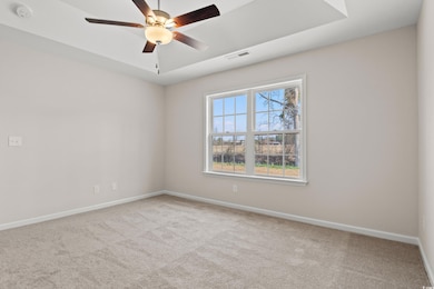 Carpeted empty room with baseboards and a ceiling 