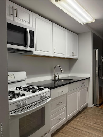 Kitchen featuring stainless steel appliances, white cabinets, light wood finished floors, and dark stone counters
