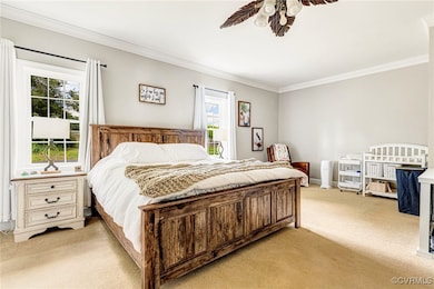 Bedroom featuring light colored carpet, multiple w