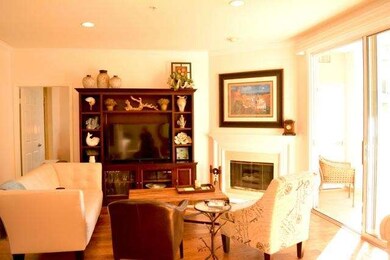 Light-filled living room with fireplace, wood floo
