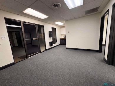 Spare room featuring a drop ceiling and dark colored carpet