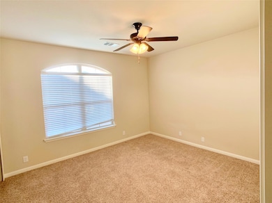 Carpeted empty room featuring ceiling fan, plenty