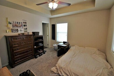 Carpeted bedroom with a tray ceiling and ceiling f