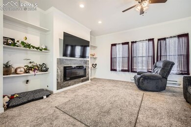Living room with crown molding, a fireplace, carpe