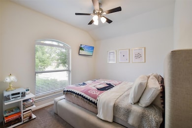 Carpeted bedroom with lofted ceiling, a ceiling f